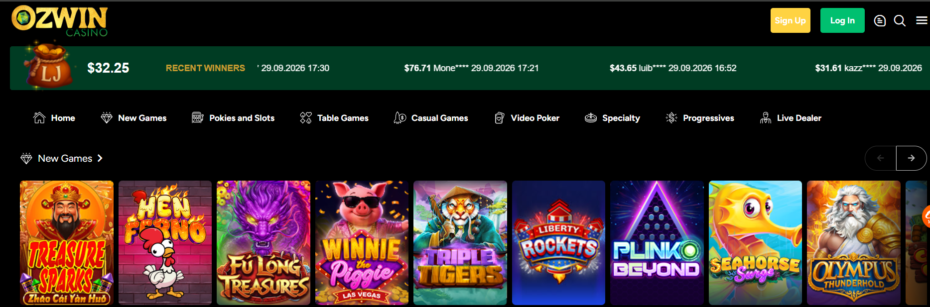 Ozwin online casino home page with new games