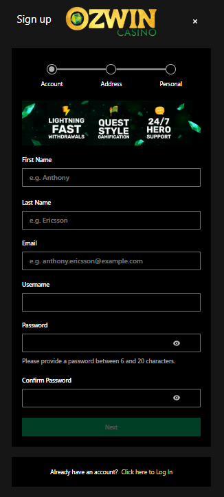 Ozwin Casino sign up form